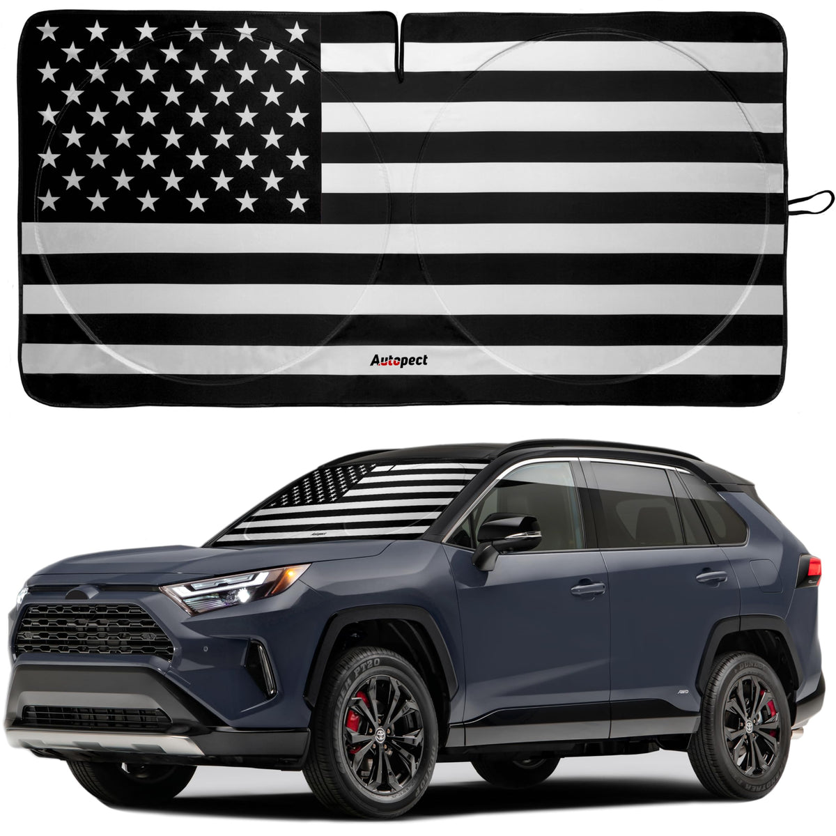 Autopect windshield sun shade with American flag design blocks sun and preserves interior color.