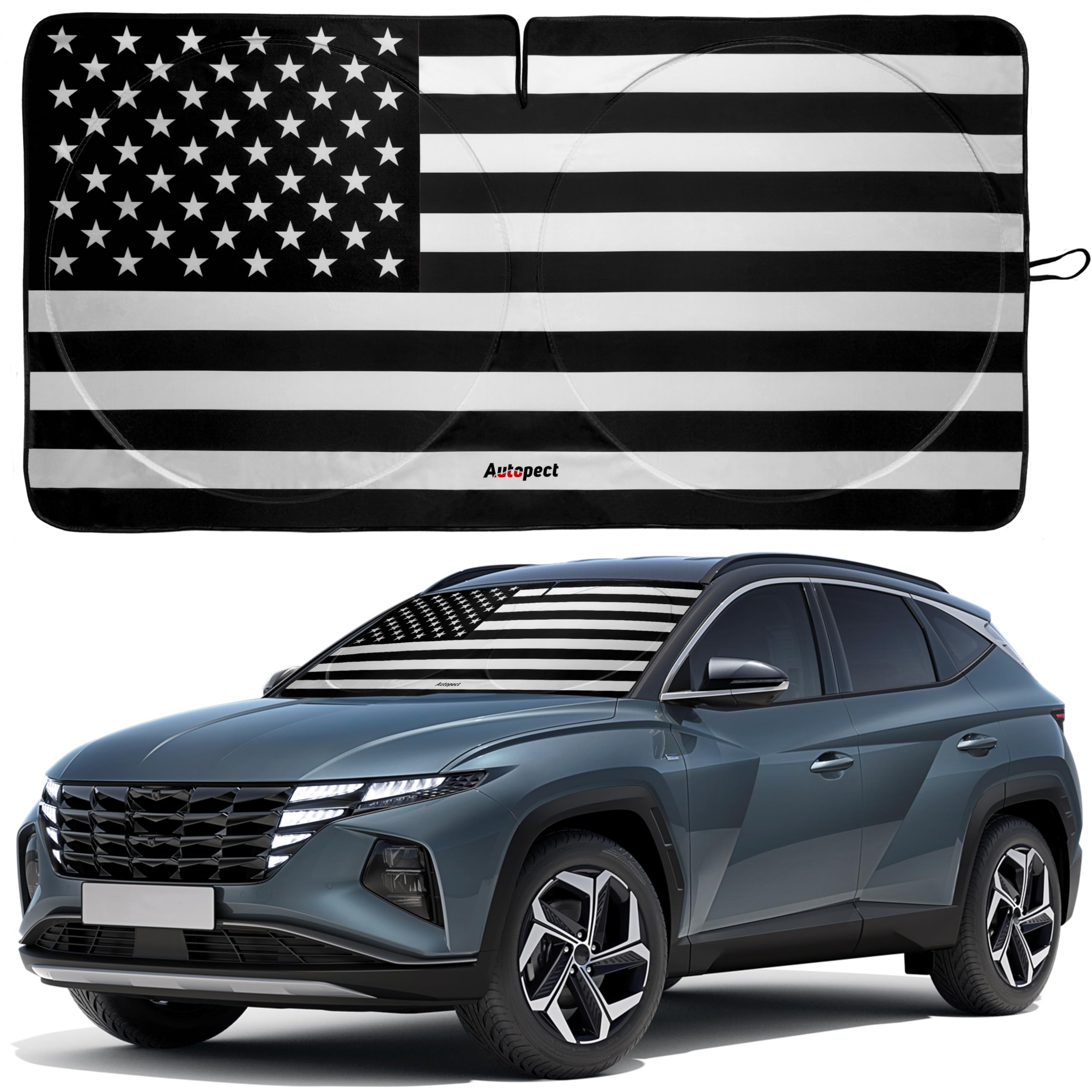 Autopect windshield sun shade with American flag design provides durable interior protection