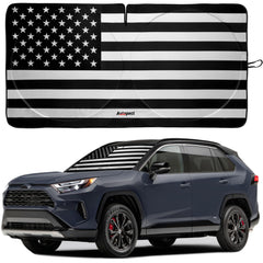 Autopect windshield sun shade with American flag design blocks sun and preserves interior color.