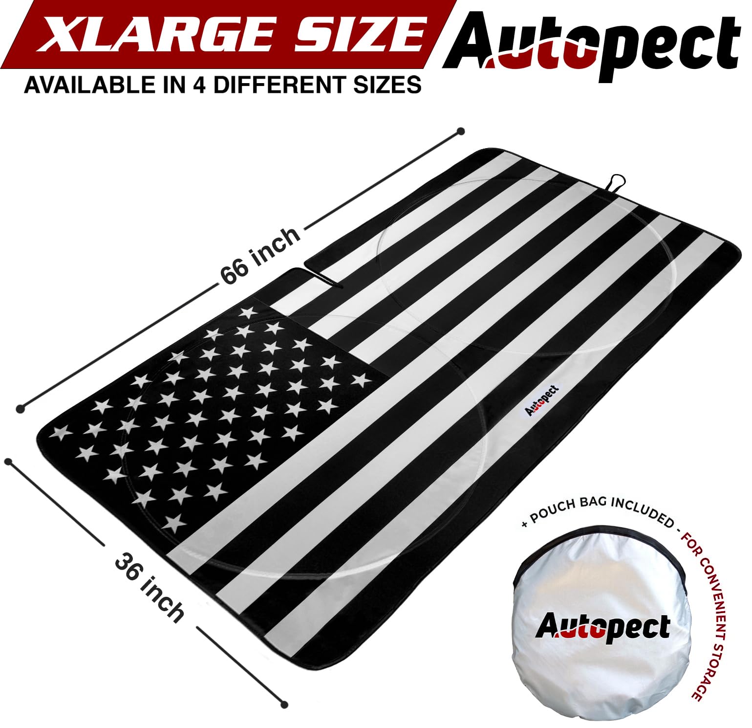 Autopect windshield sun shade with mirror cut-out preserves rear-view visibility.