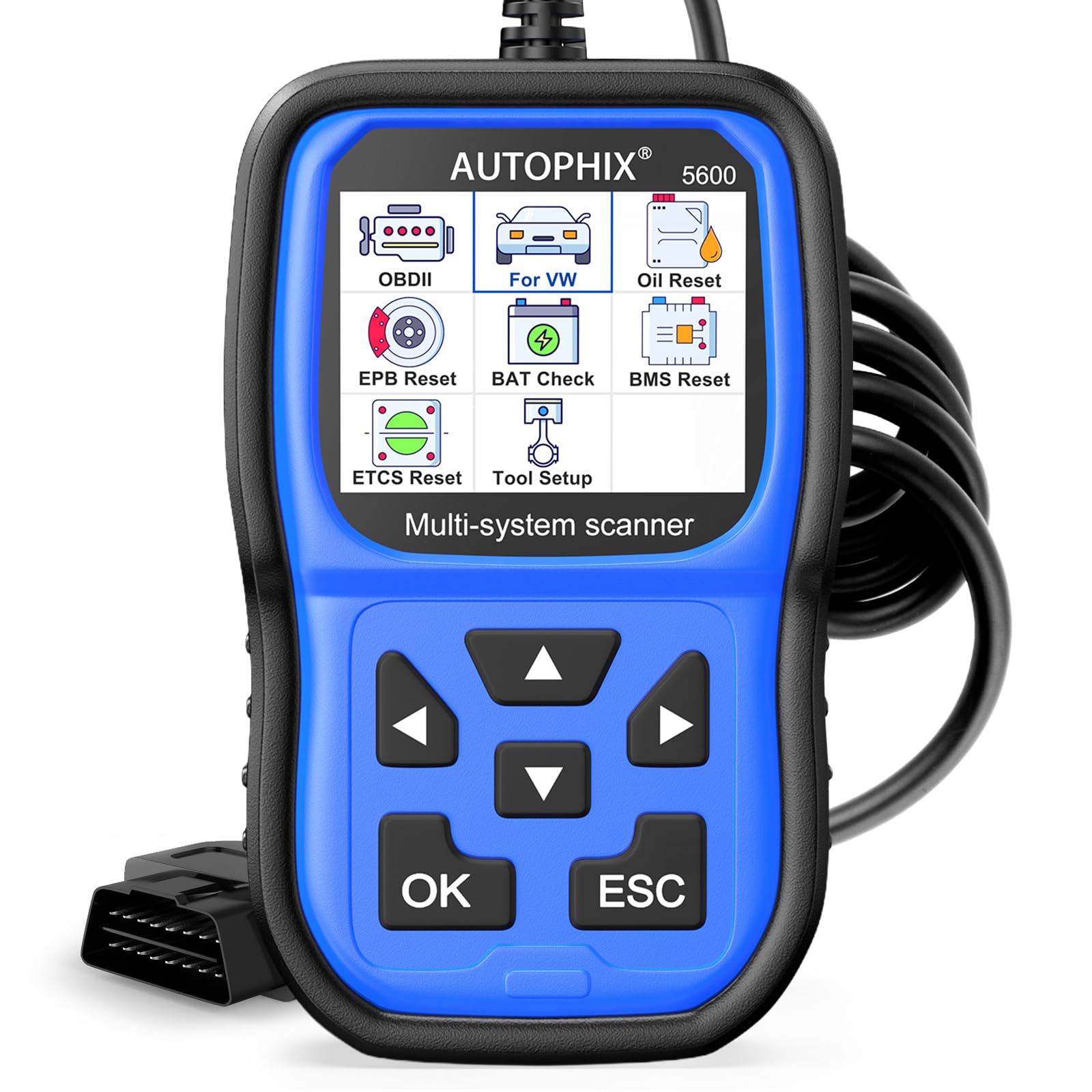 AUTOPHIX 5600P+ OBD2 scanner performing VAG diagnosis on screen