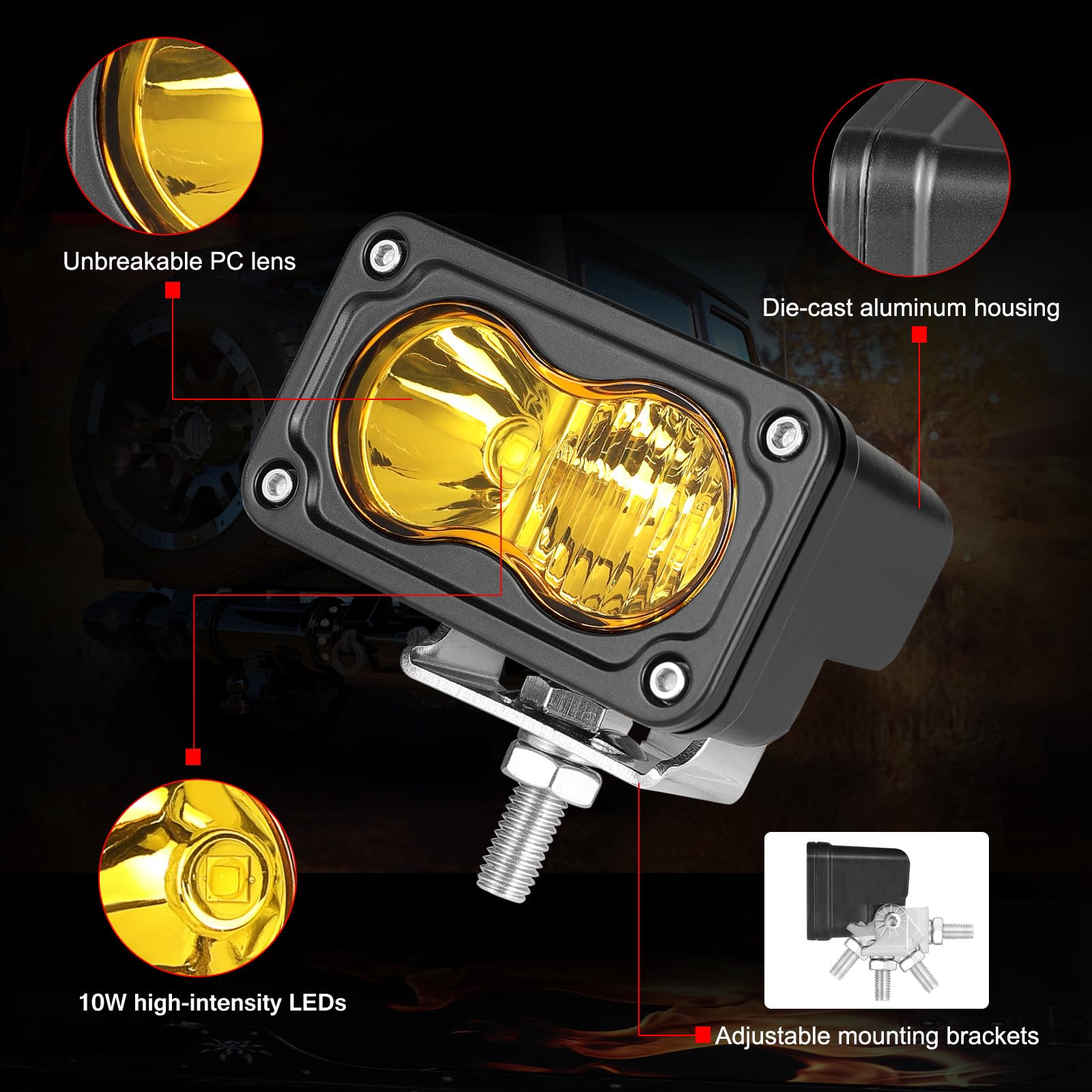 Auto Power Plus amber LED pods maintain performance in dusty and wet conditions.