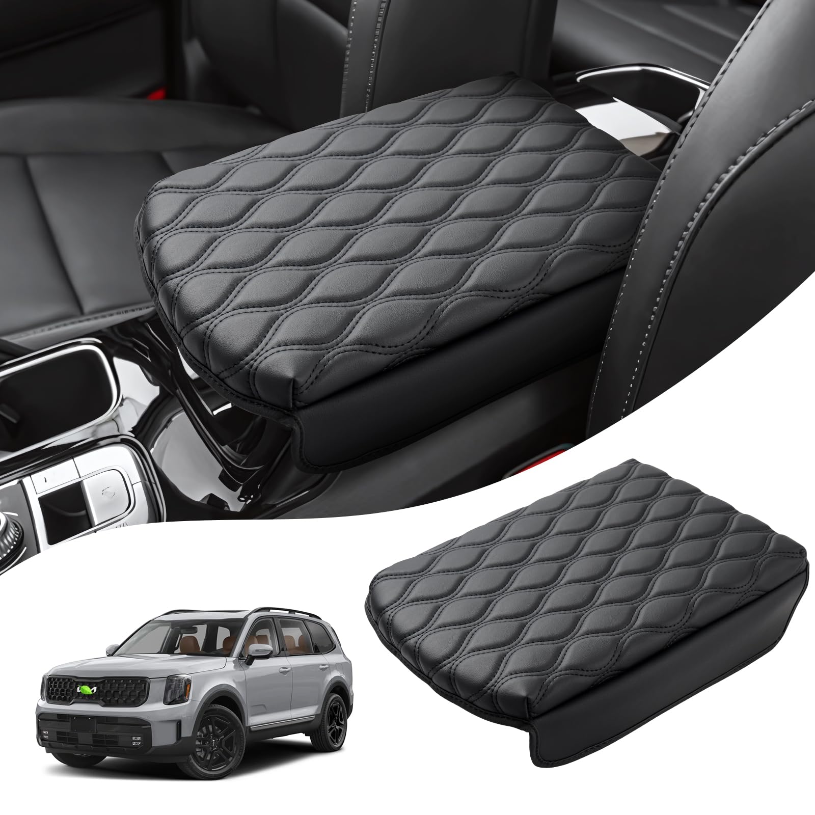 AutOrder center console cover for Telluride—front view highlights precise fit and Napa leather softness.