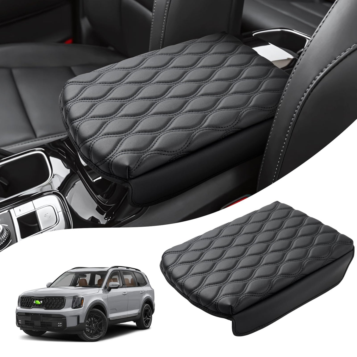 AutOrder center console cover for Telluride—front view highlights precise fit and Napa leather softness.