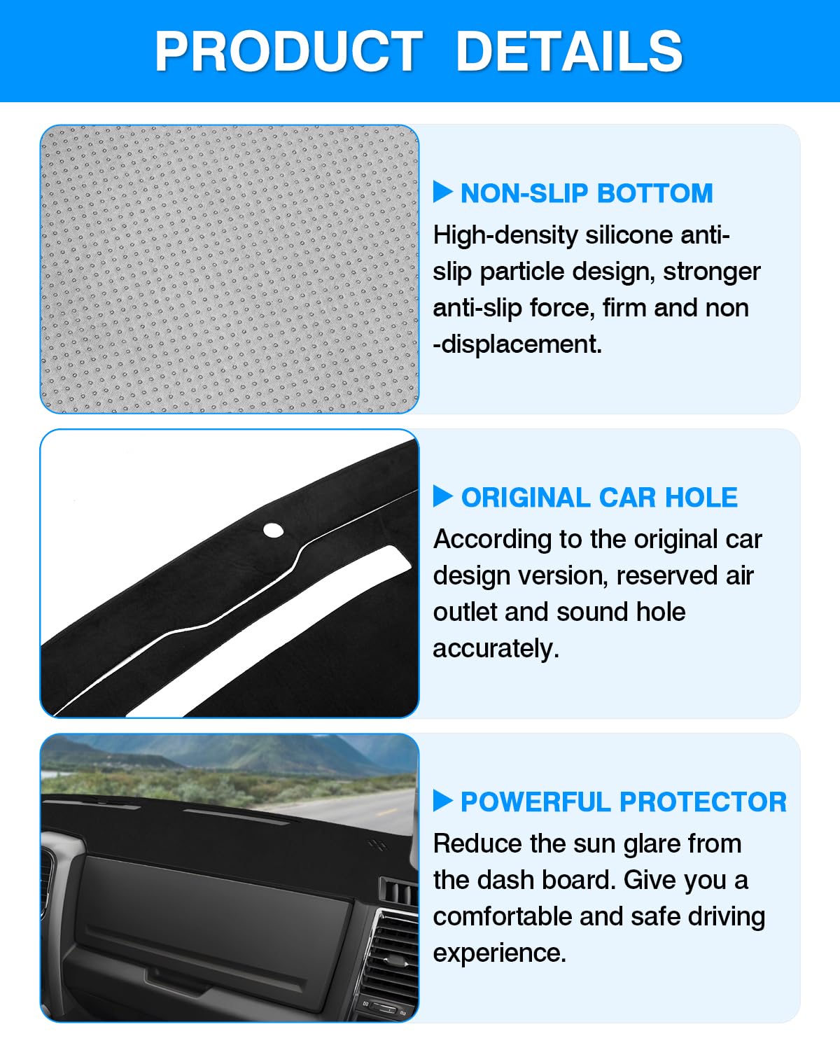 Autorder dash cover easy-install no-adhesive design keeps dashboard pristine.