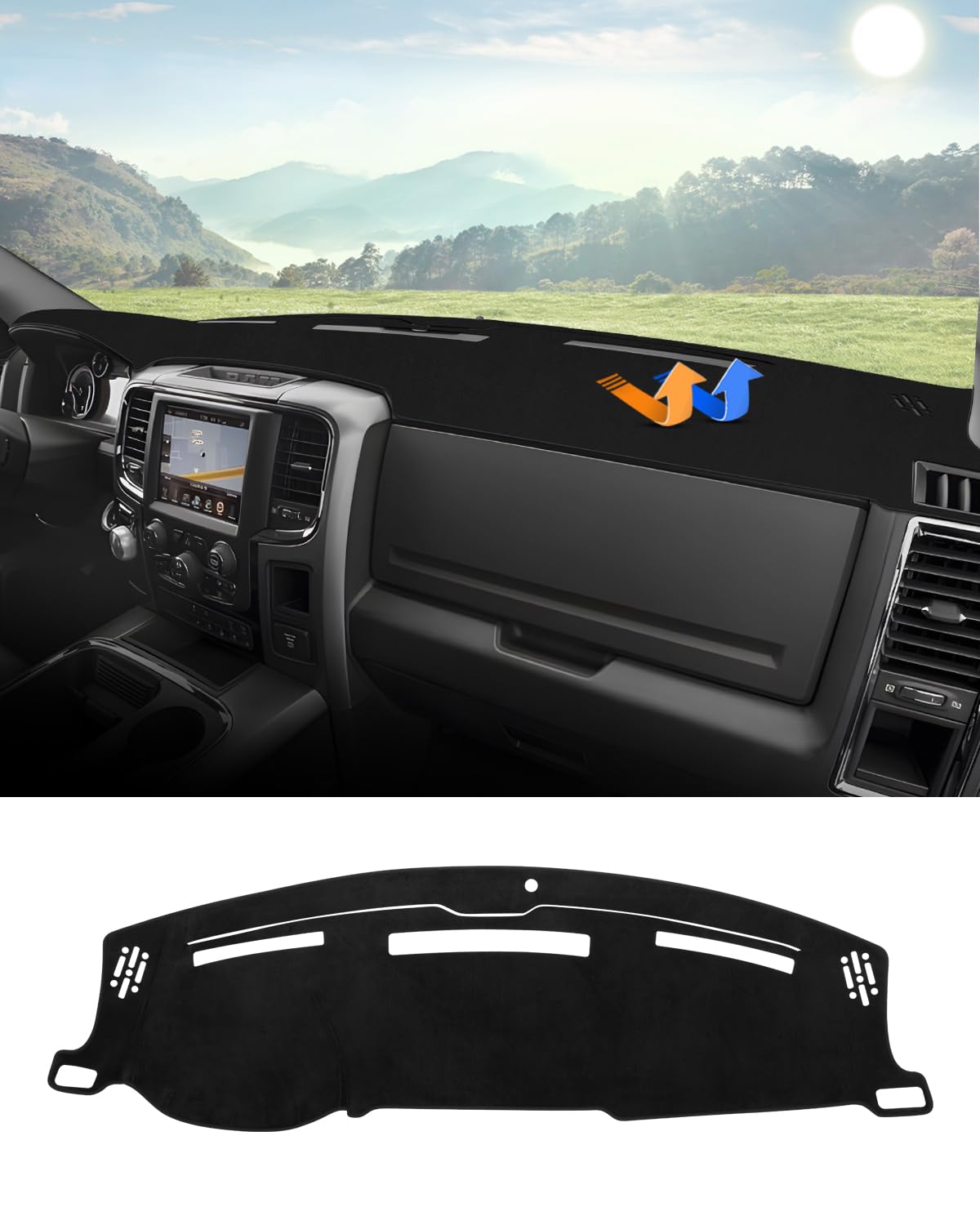 Autorder dashboard cover on Ram 1500, guards against sun damage and keeps the dash neat.