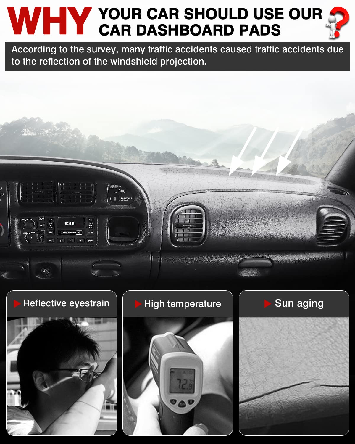 Autorder dash cover reduces sun glare and shields the dashboard from UV rays.