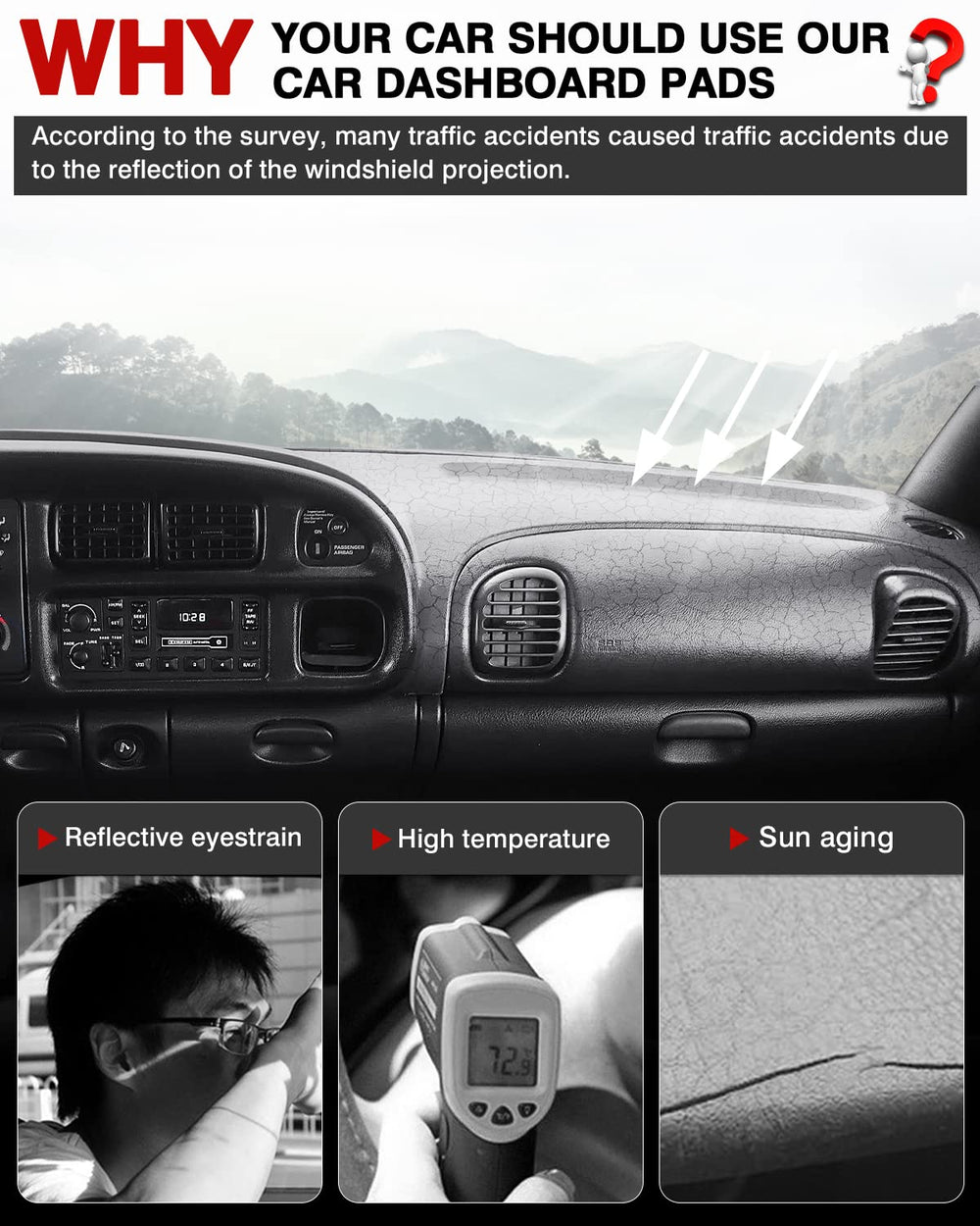 Autorder dash cover reduces sun glare and shields the dashboard from UV rays.
