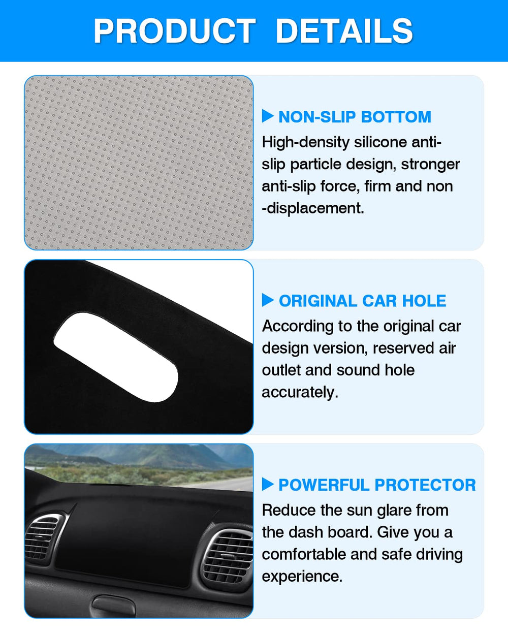 Autorder dash cover provides UV protection and glare reduction.