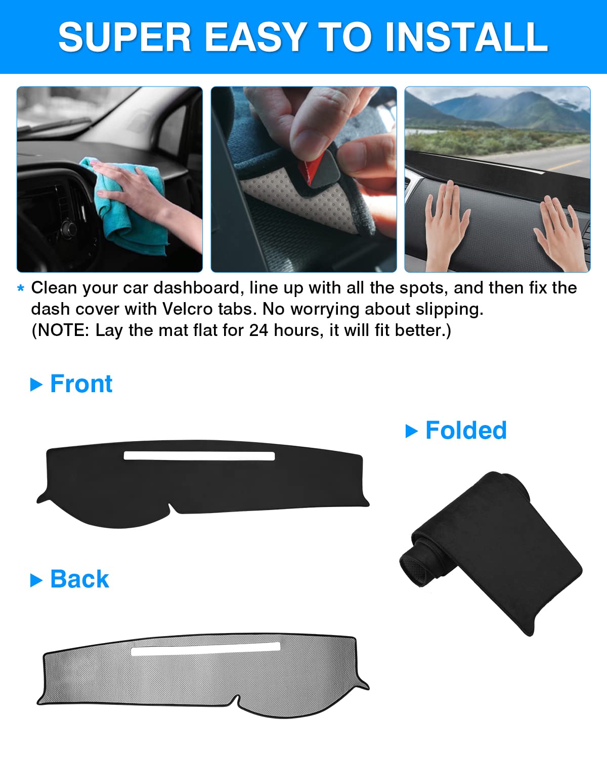 Autorder dash cover installs without adhesives for quick, tool-free setup.