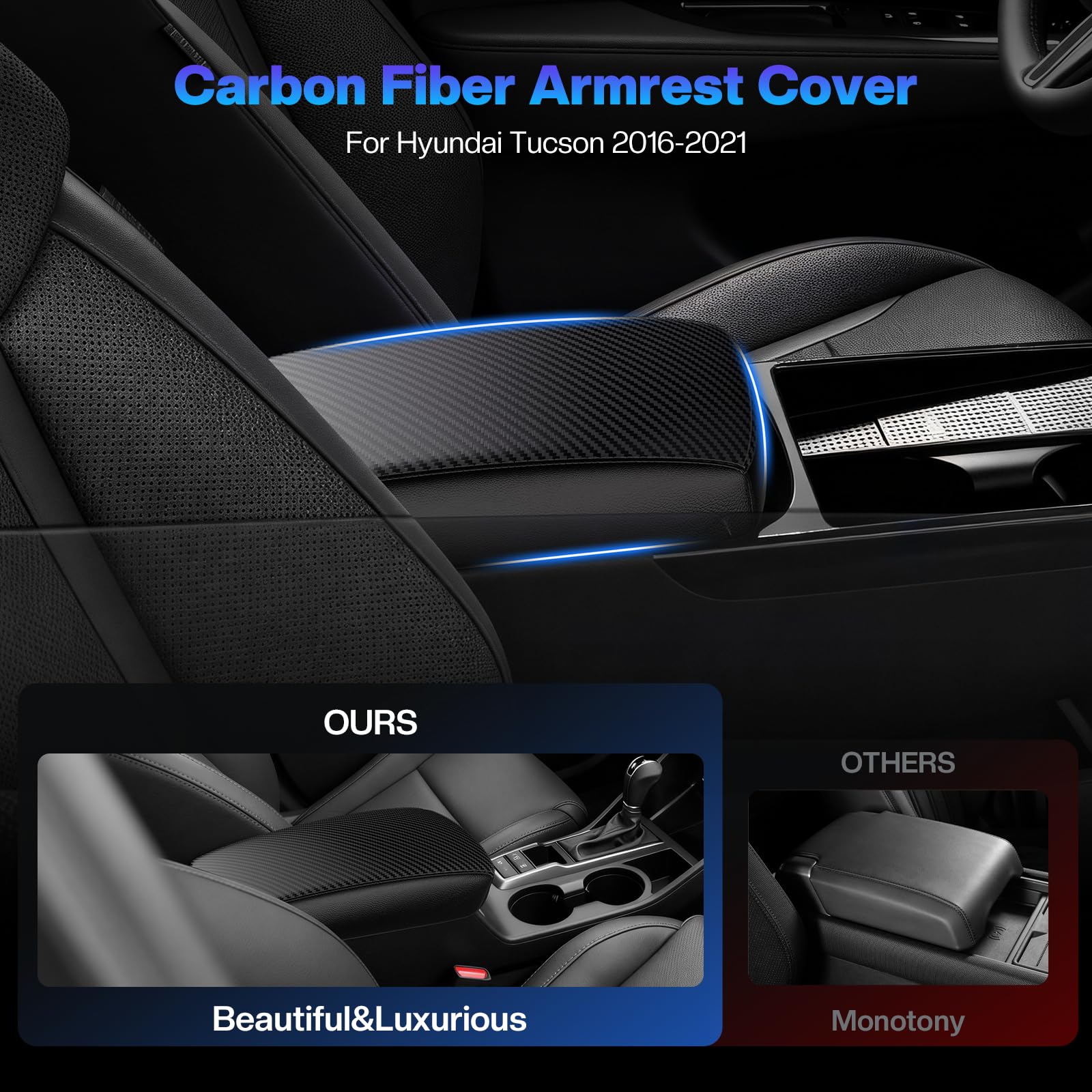 Autorder Tucson armrest cover with carbon fiber texture shields against spills.