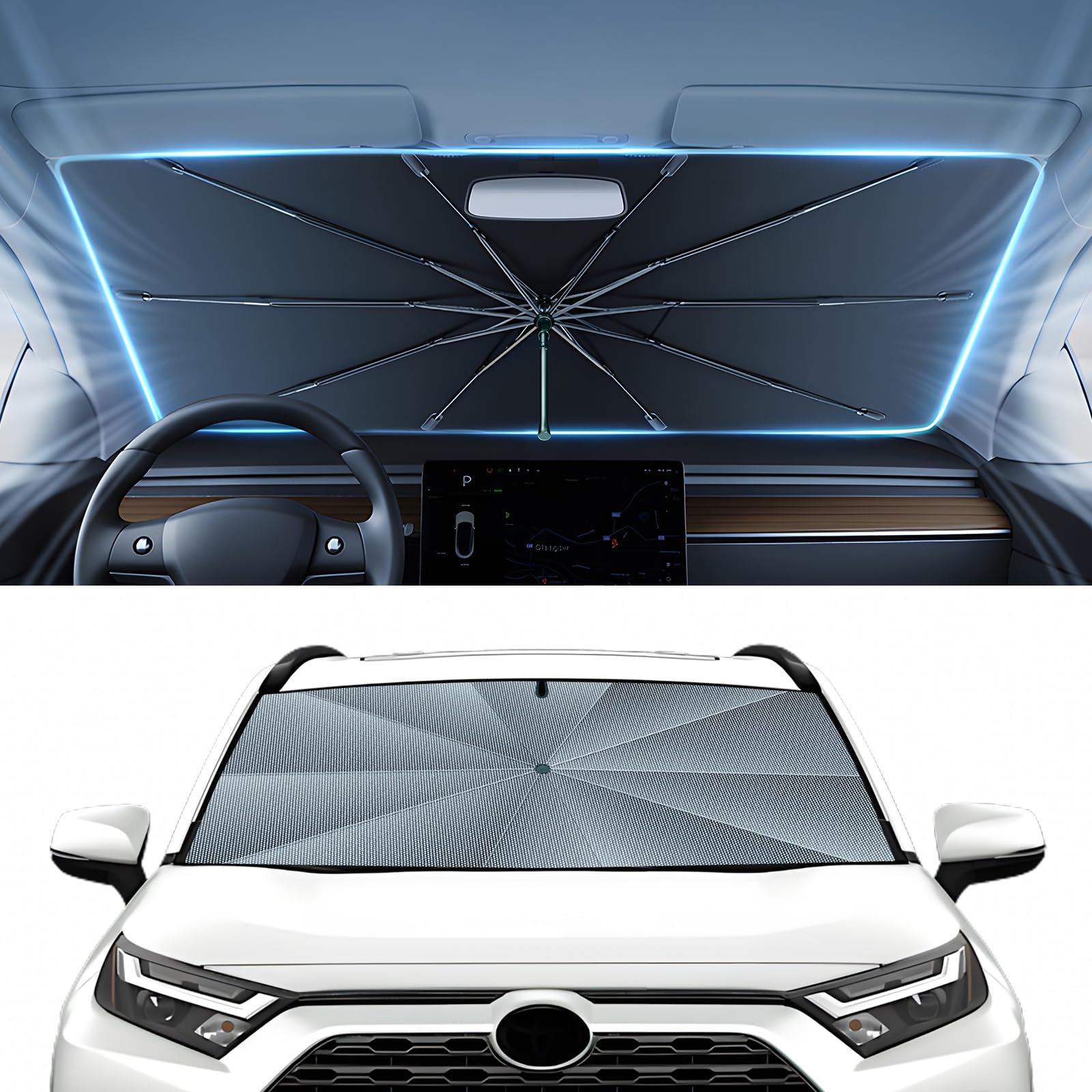 Autorder windshield sun shade umbrella over Rav4 window blocks sun and maintains cooler cabin.