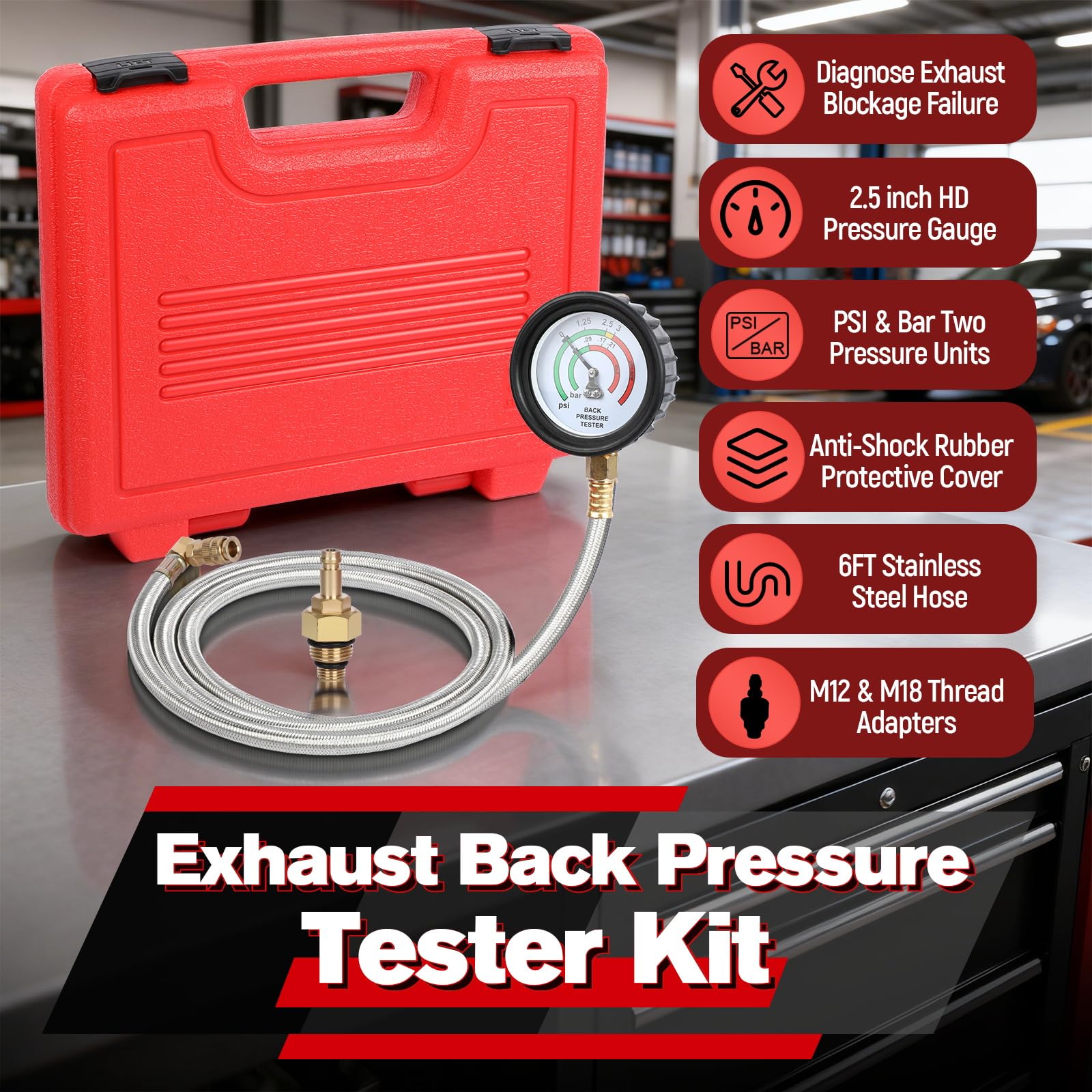 Autory tester with 6-foot hose allows testing from the driver's seat.