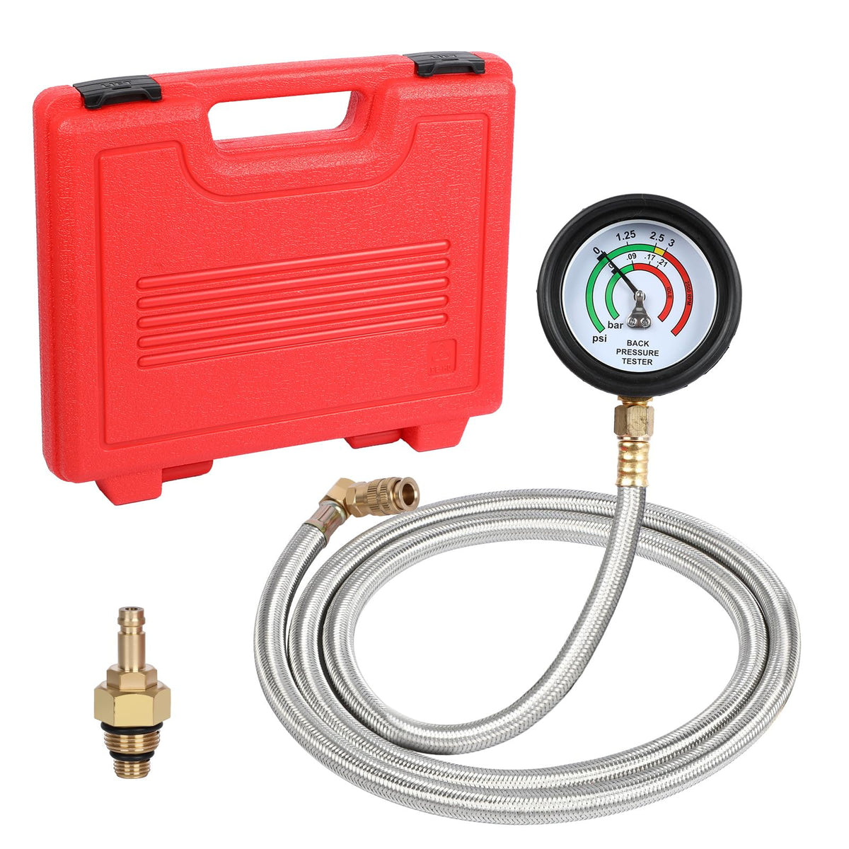 Autory exhaust back pressure tester with quick connector enables fast installation.
