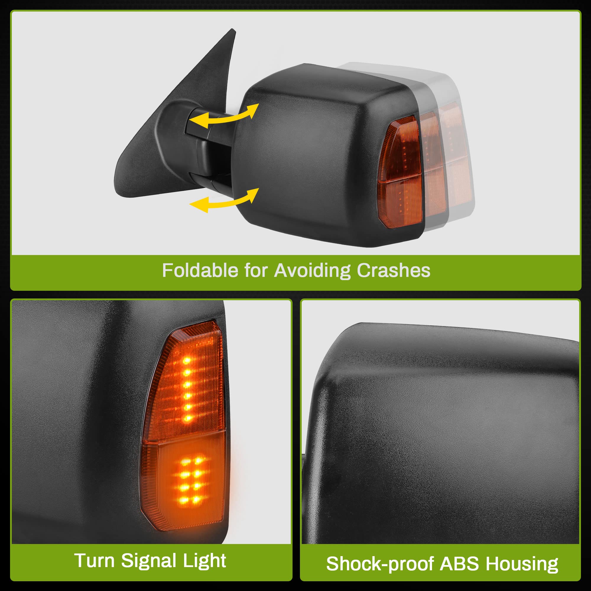 Autosaver88 tow mirrors fold and extend for compact storage and wider view.