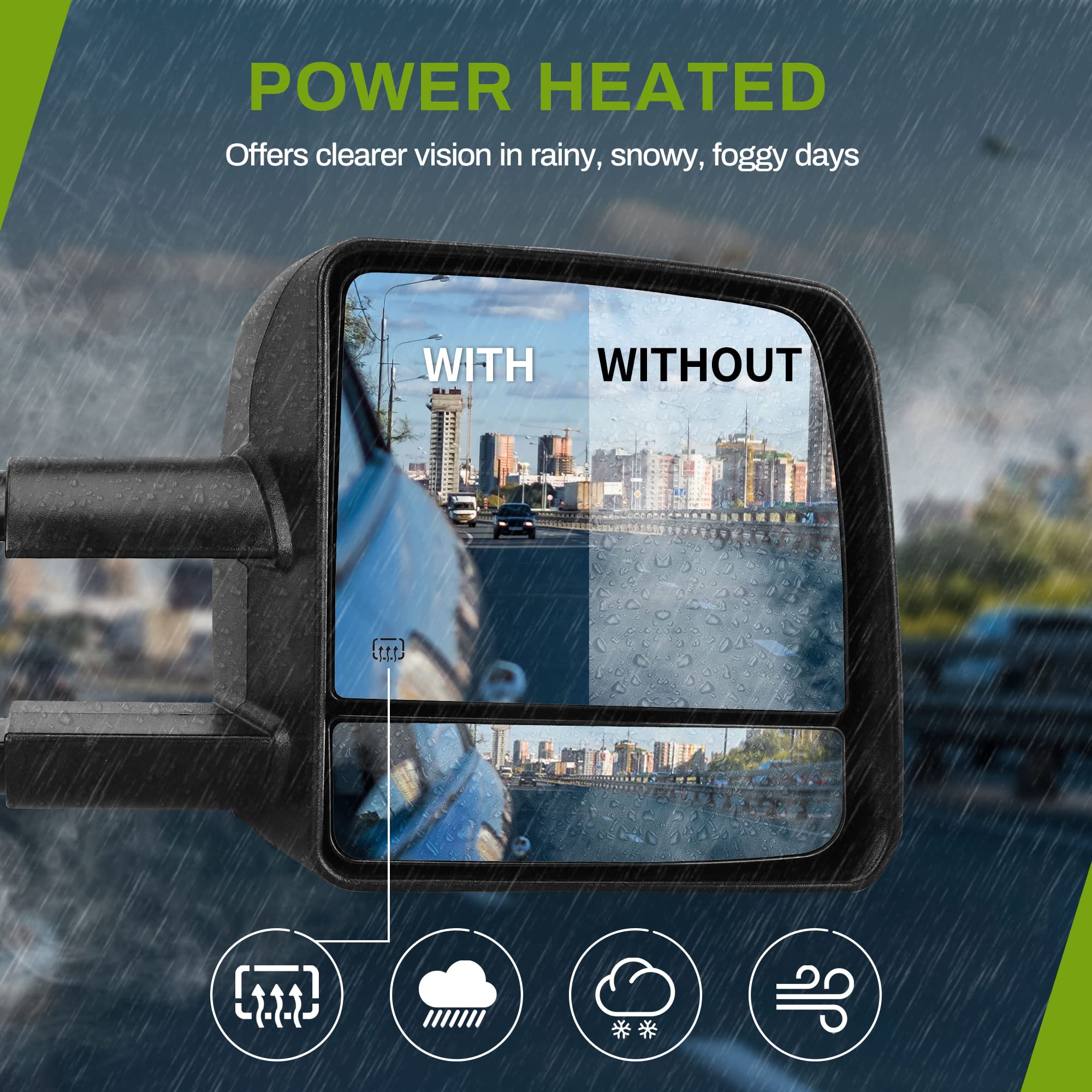 Autosaver88 tow mirrors heated function clears frost for safer driving.