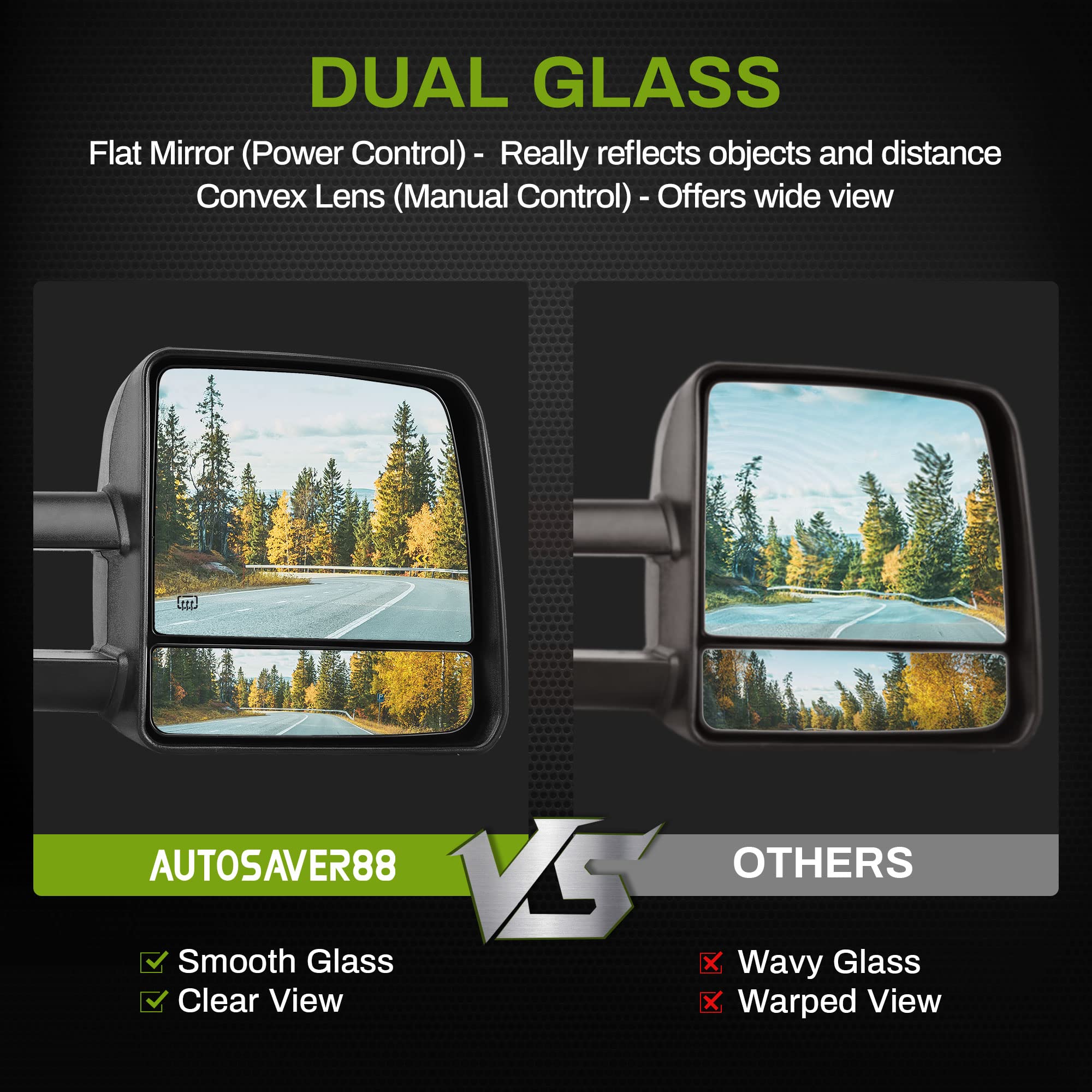 Autosaver88 tow mirrors with turn signal boost lane-change visibility.