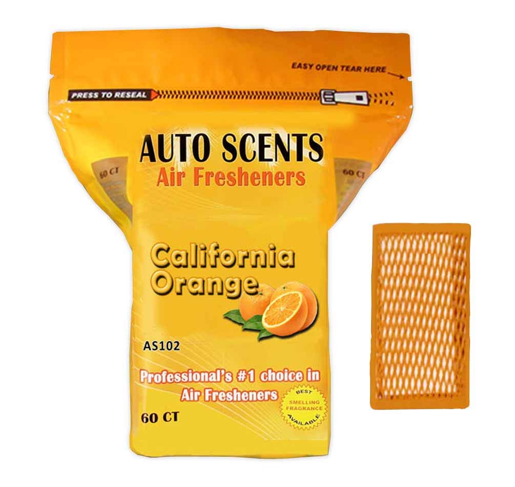 Auto Scents California Orange pads pack delivering long-lasting freshness for cars and homes.
