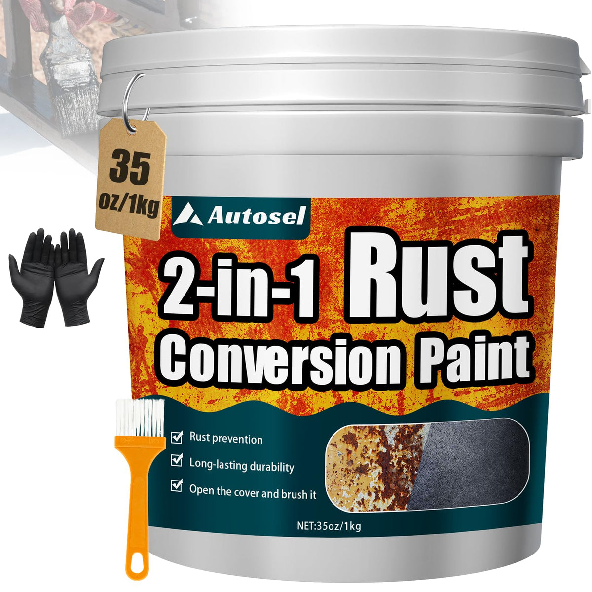 Autosel 2-in-1 rust converter bottle ready for rust treatment on metal.