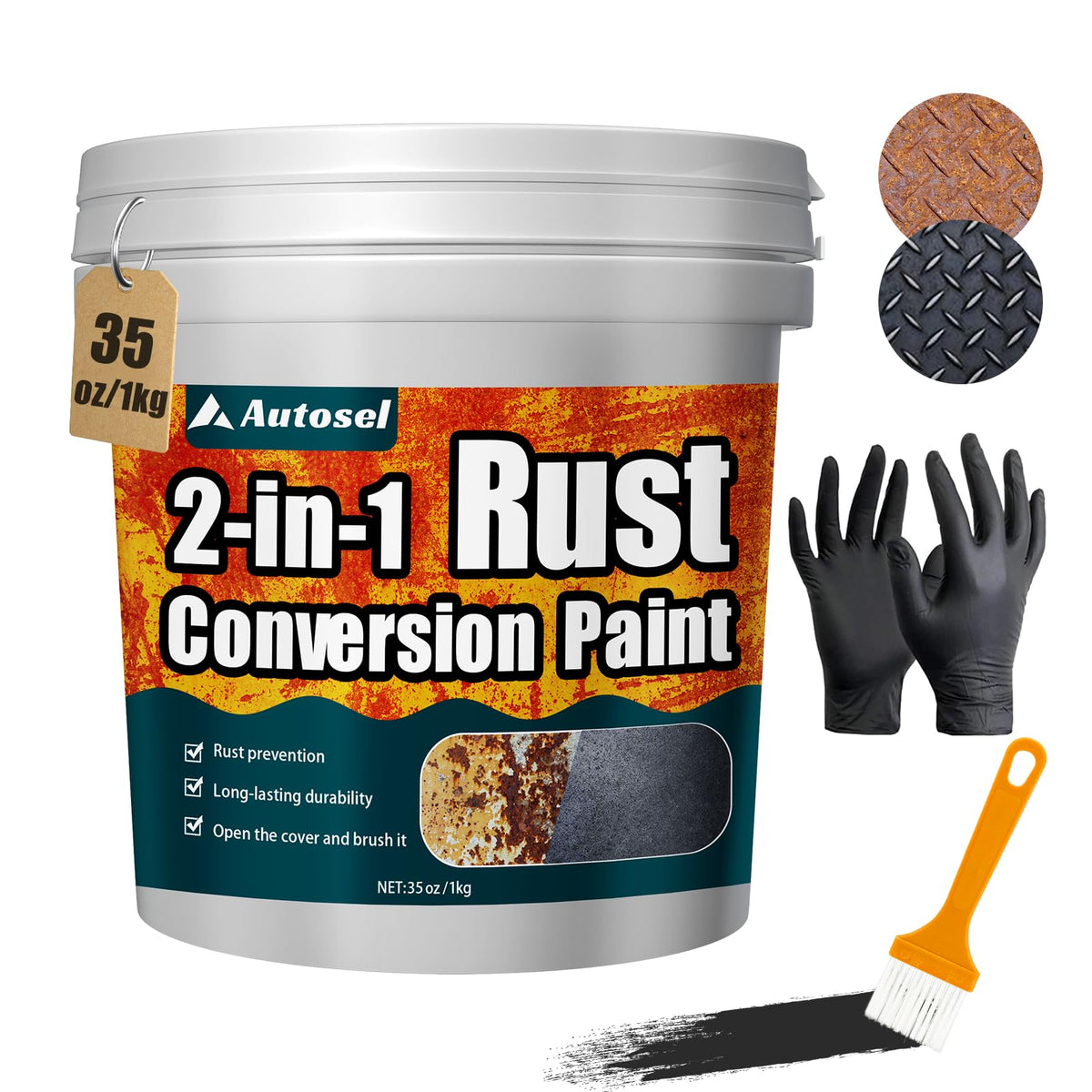 Autosel rust-converter bottle pour demonstrates quick rust treatment for metal projects.