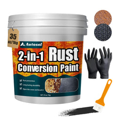 Autosel rust-converter bottle pour demonstrates quick rust treatment for metal projects.