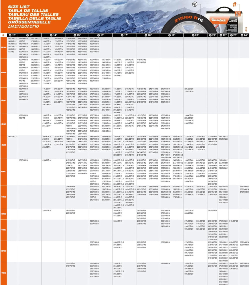 AutoSock HP697 supports a broad list of tire sizes.