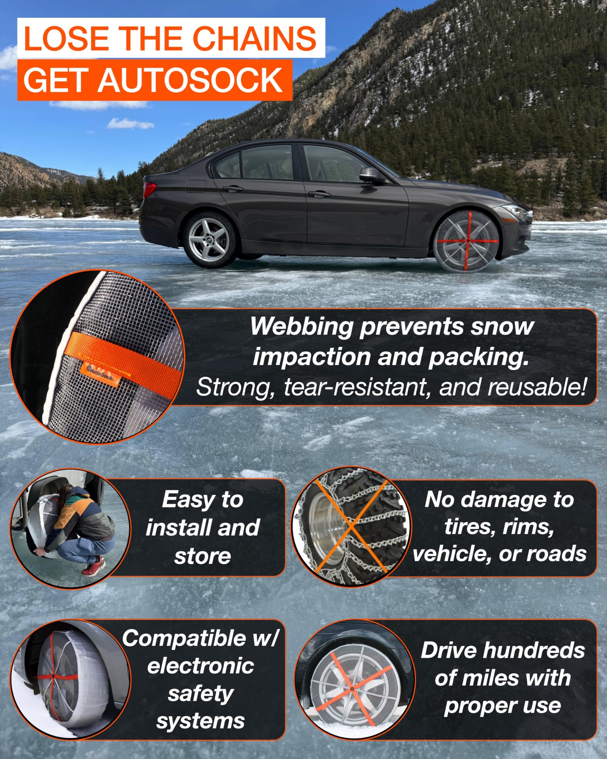 AUTOSOCK HP870 installation step 1 demonstrates quick, tool-free fitting.
