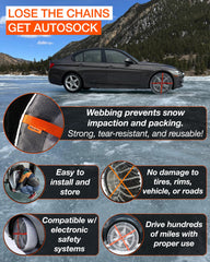 AUTOSOCK HP870 installation step 1 demonstrates quick, tool-free fitting.