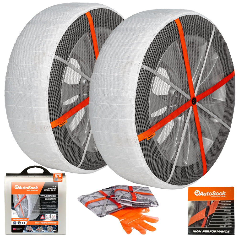 AUTOSOCK HP870 packaging shows a ready-to-use snow sock kit for quick traction.