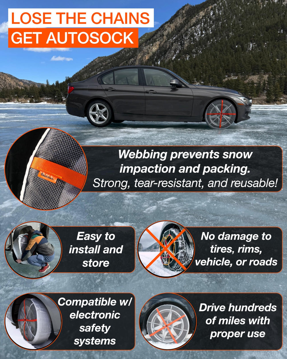 AUTOSOCK snow sock on wintry road shows improved traction