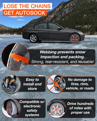 AUTOSOCK snow sock on wintry road shows improved traction