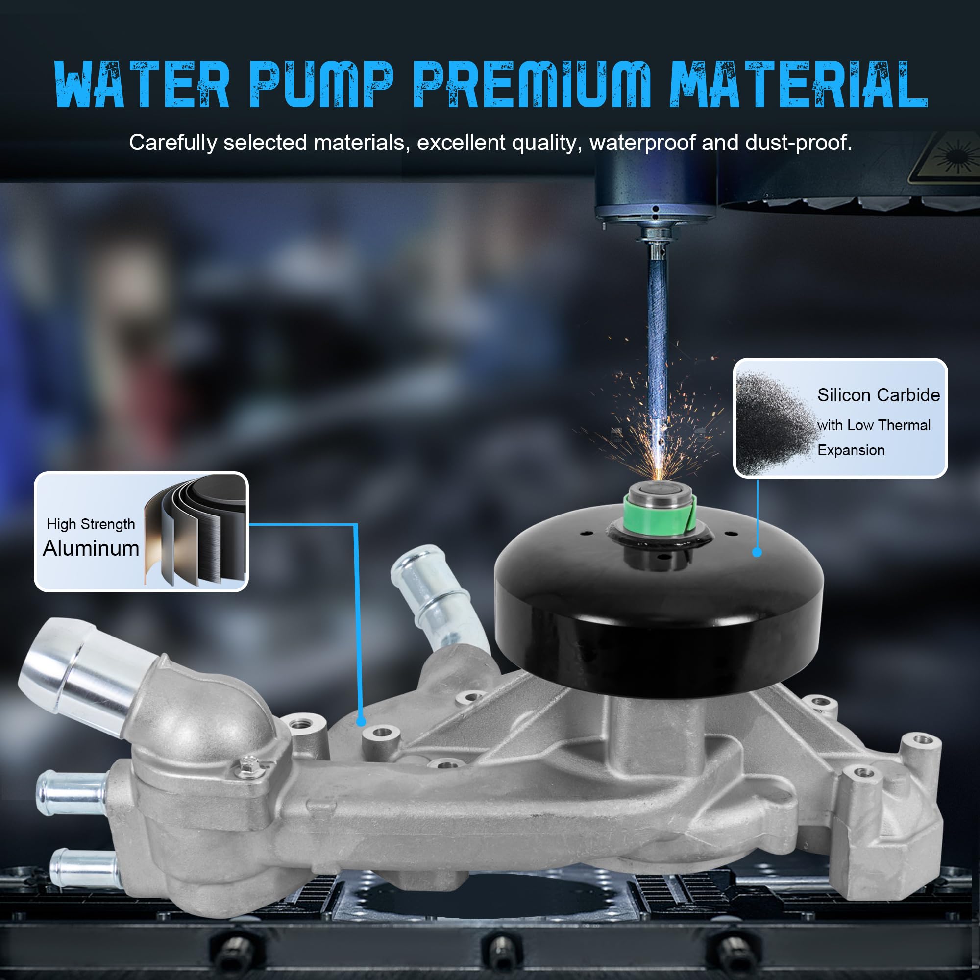 AUTOSTARSHIP water pump aluminum housing close-up emphasizing strong build.