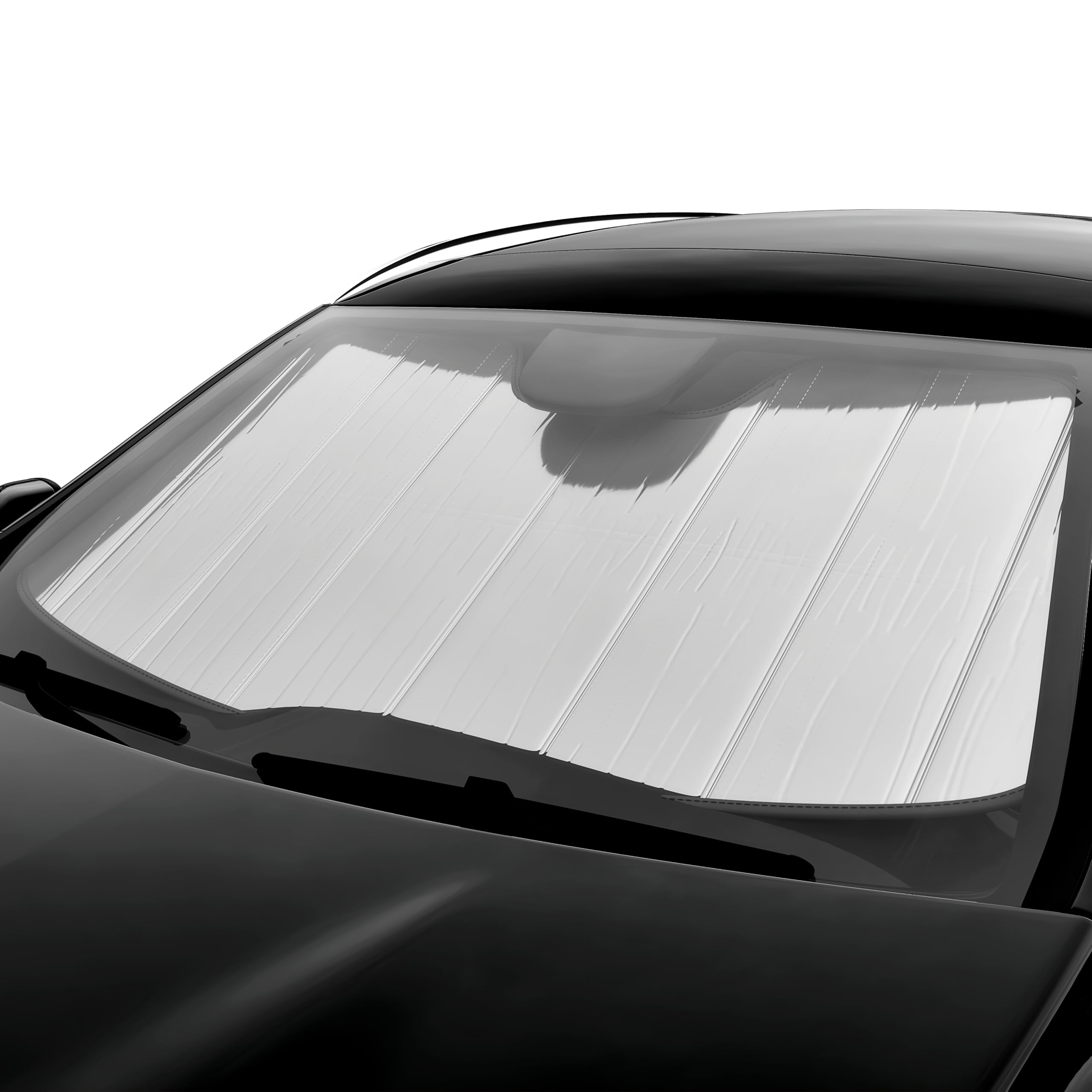 Autotech Park sunshade cools interior on sunny days, protecting dashboard and steering wheel.