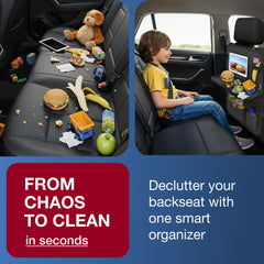 AutoUS backseat organizer foldable tray in use for snacks and drawing