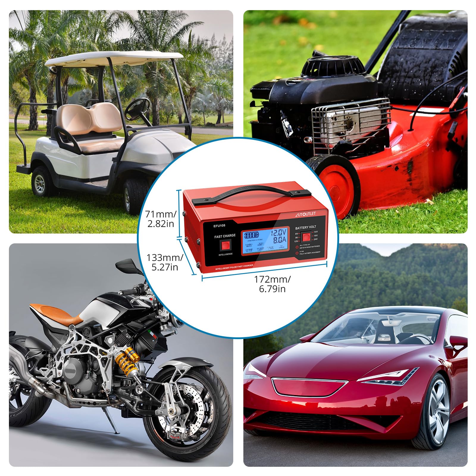 AUTOUTLET manual switch supports 6/8/14/16V for versatile batteries.