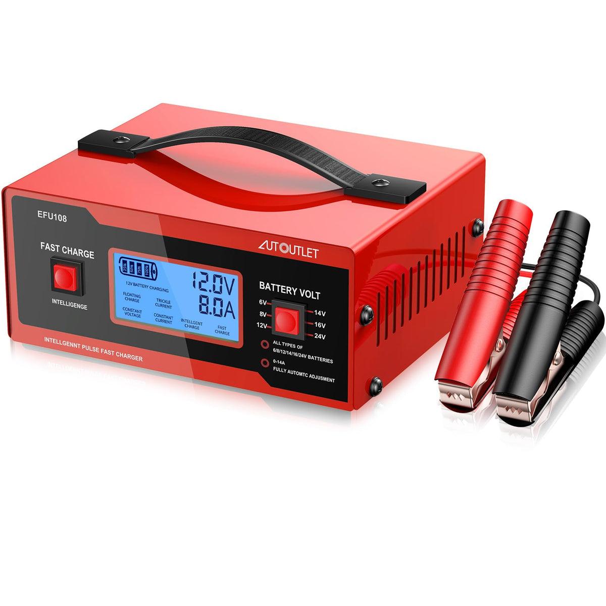 AUTOUTLET upgraded 8V charger with thickened cable clamps for secure battery terminals.