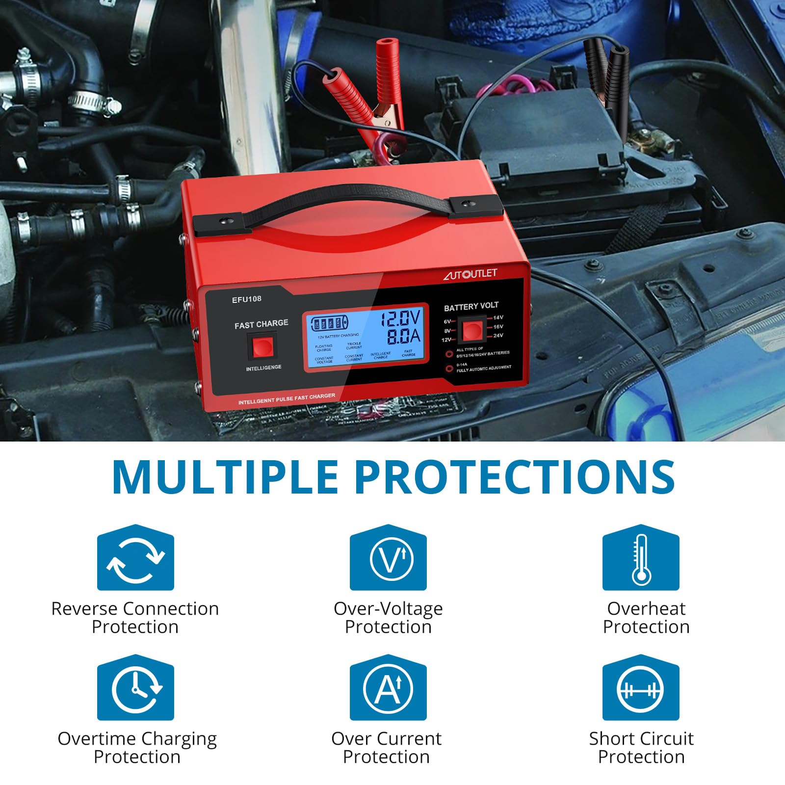 AUTOUTLET charger with carrying handle for easy transport between vehicles.