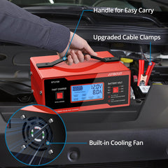 AUTOUTLET 8V charger LCD display shows charging status clearly.