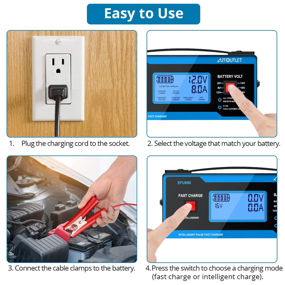 AUTOUTLET charger thick clamps secure battery terminals