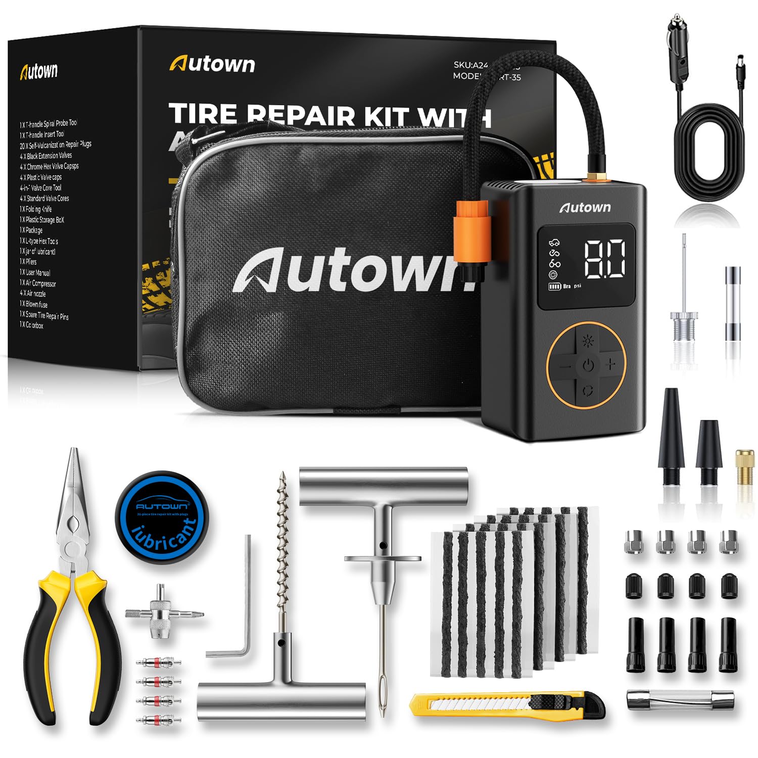 AUTOWN 54PCS tire repair kit case, organized for quick roadside tire fixes.