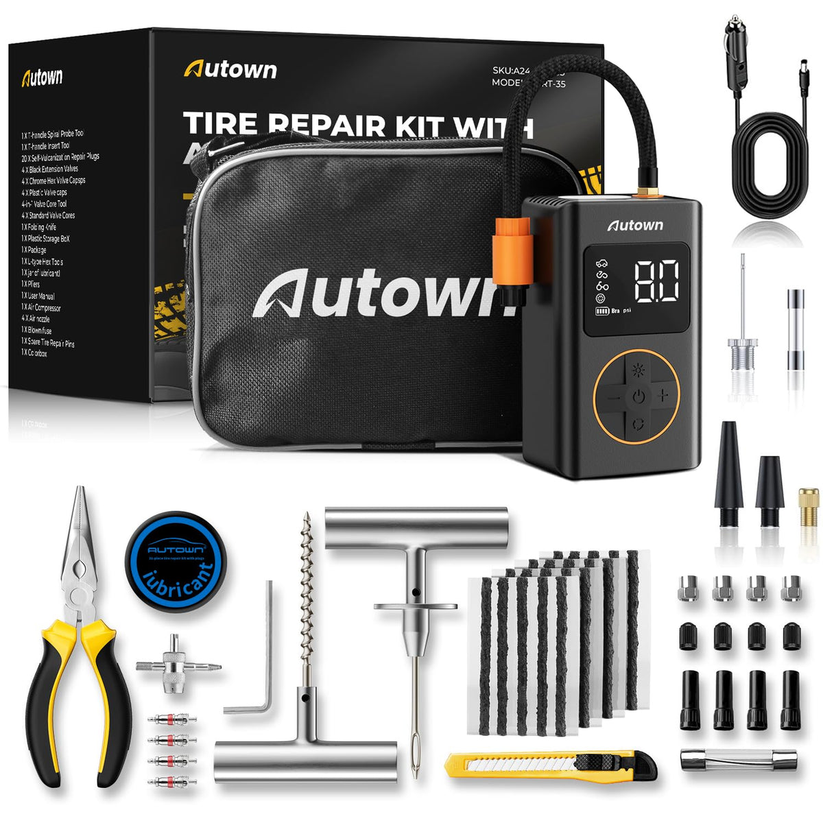 AUTOWN 54PCS tire repair kit case, organized for quick roadside tire fixes.