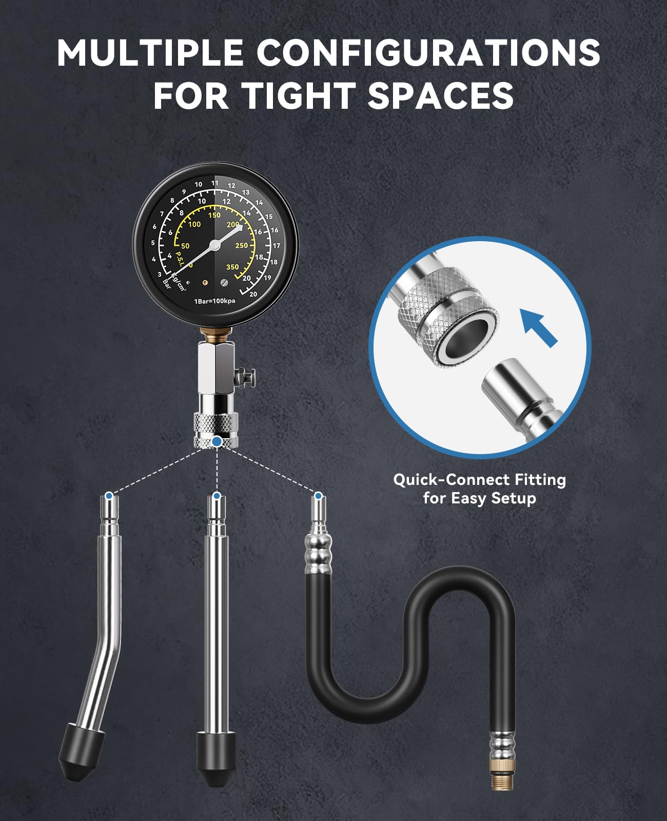 AUTOWN extension hose enables flexible positioning during on-car compression checks.