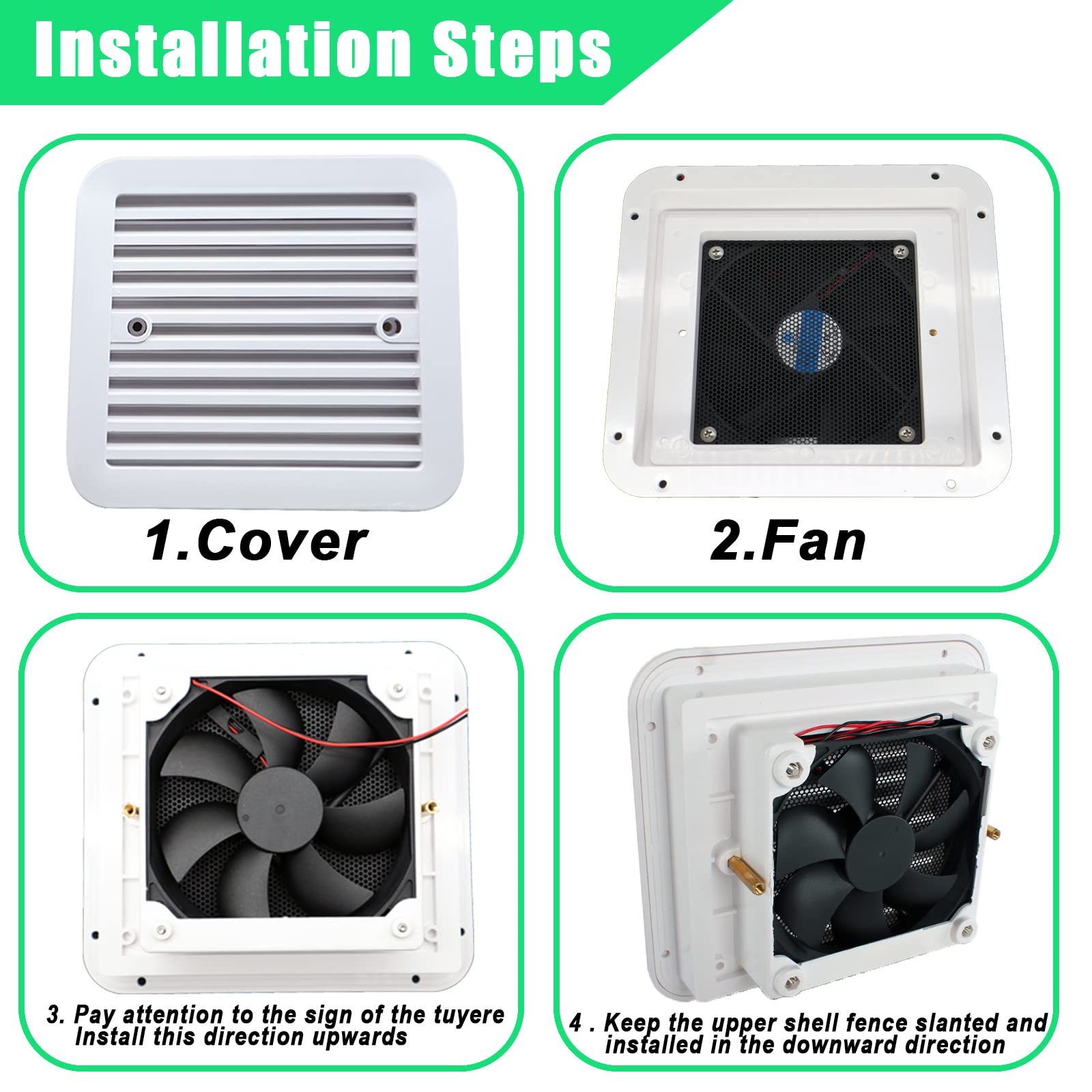 AUTOXBERT RV vent fan dimensions show precise cut hole for fit.