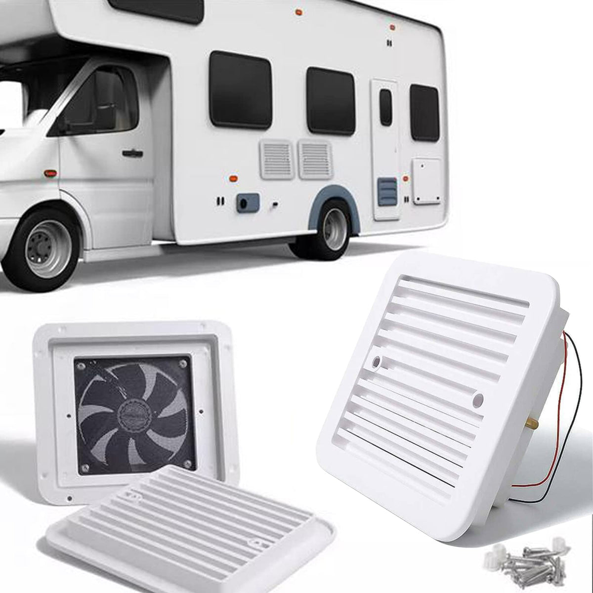 AUTOXBERT RV side vent fan exterior view with compact, quiet airflow for caravans.