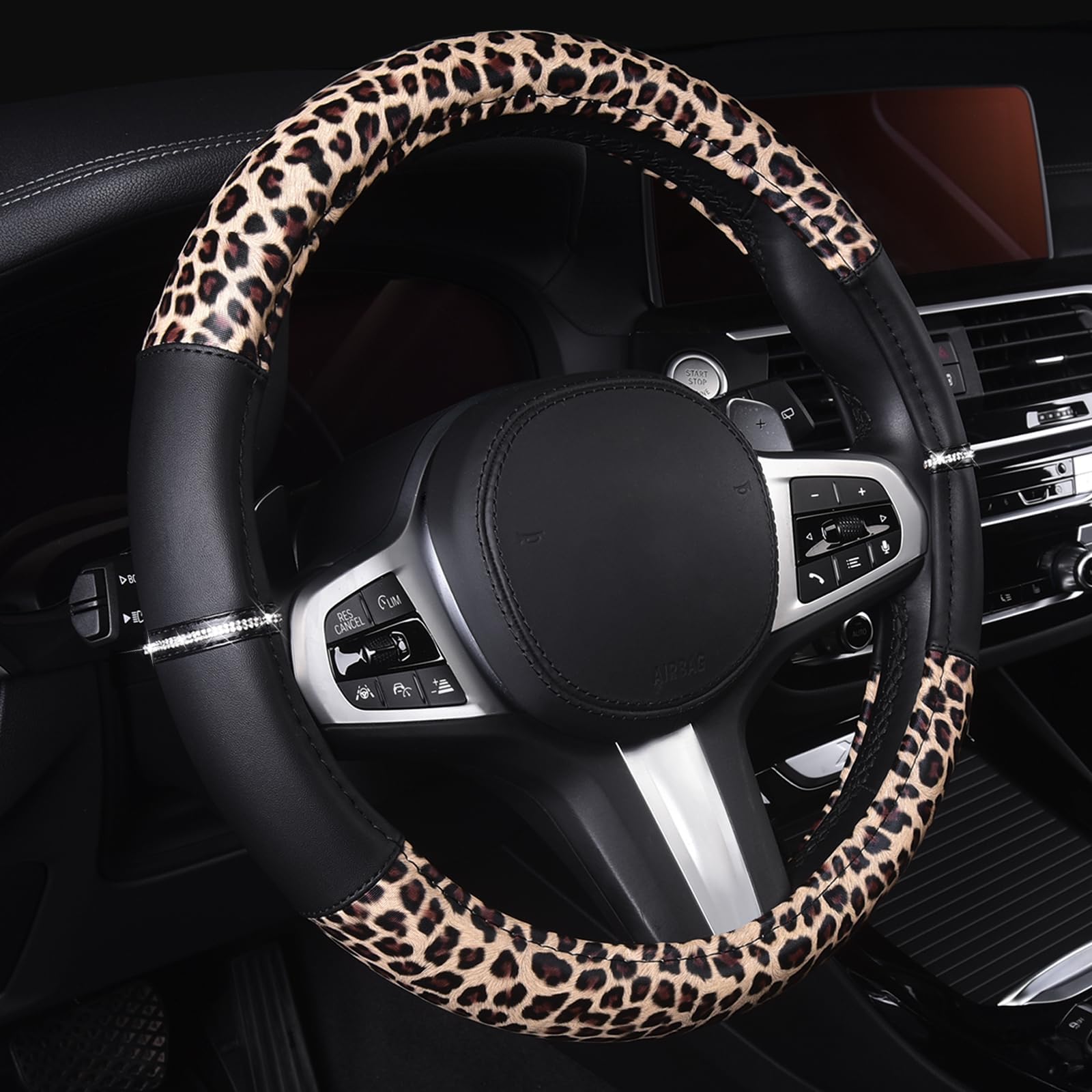 AUTOYOUTH leopard steering wheel cover with crystal rhinestones adds sparkling style