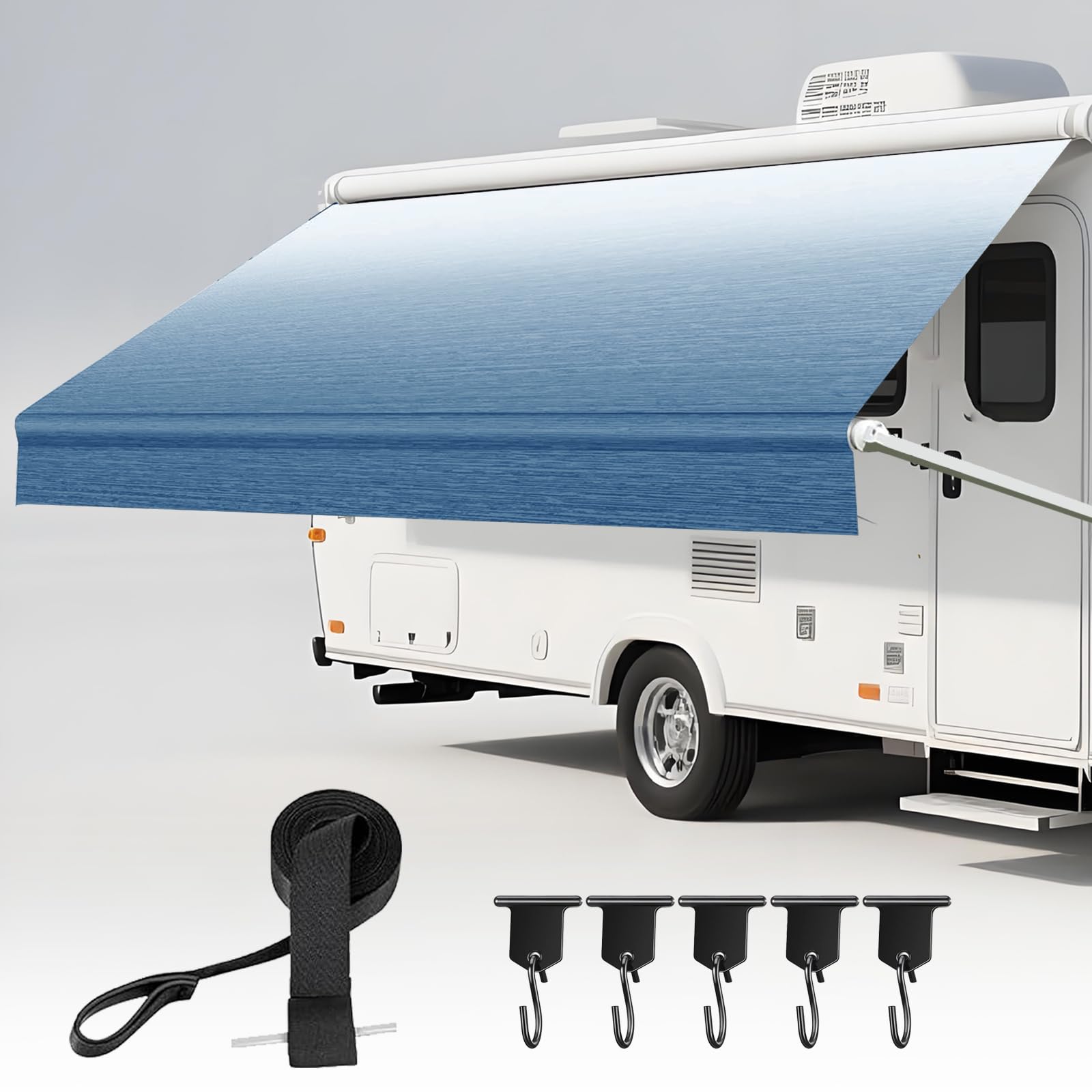 Autozen 16ft awning fabric in blue fade offering versatile shade for RVs