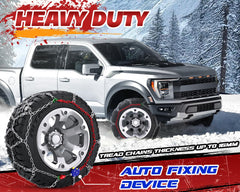 AUVEBY heavy-duty tire chains mounted on off-road SUV tire for superior traction.