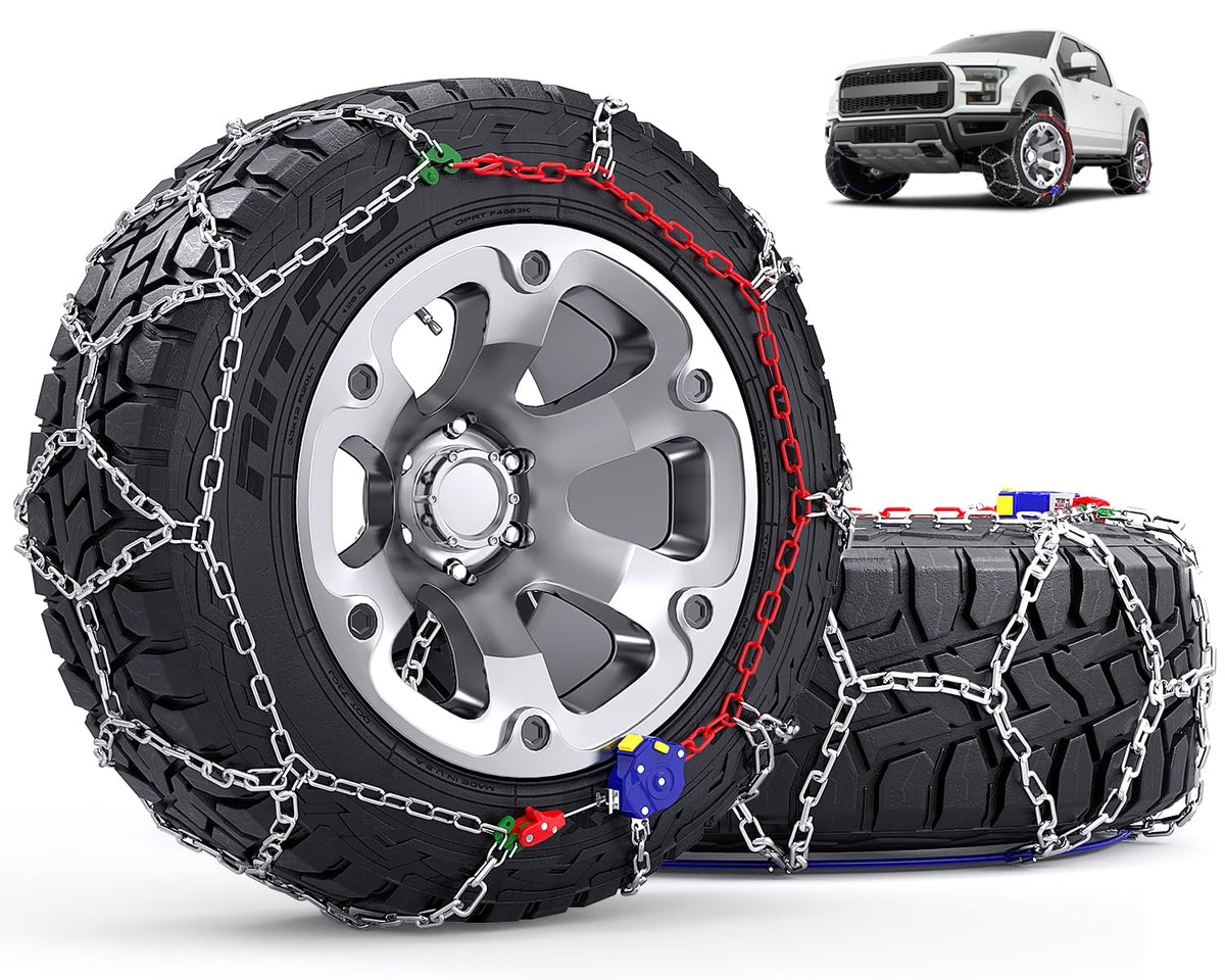 AUVEBY Snow Chains auto fixing front view enhances grip on icy roads.