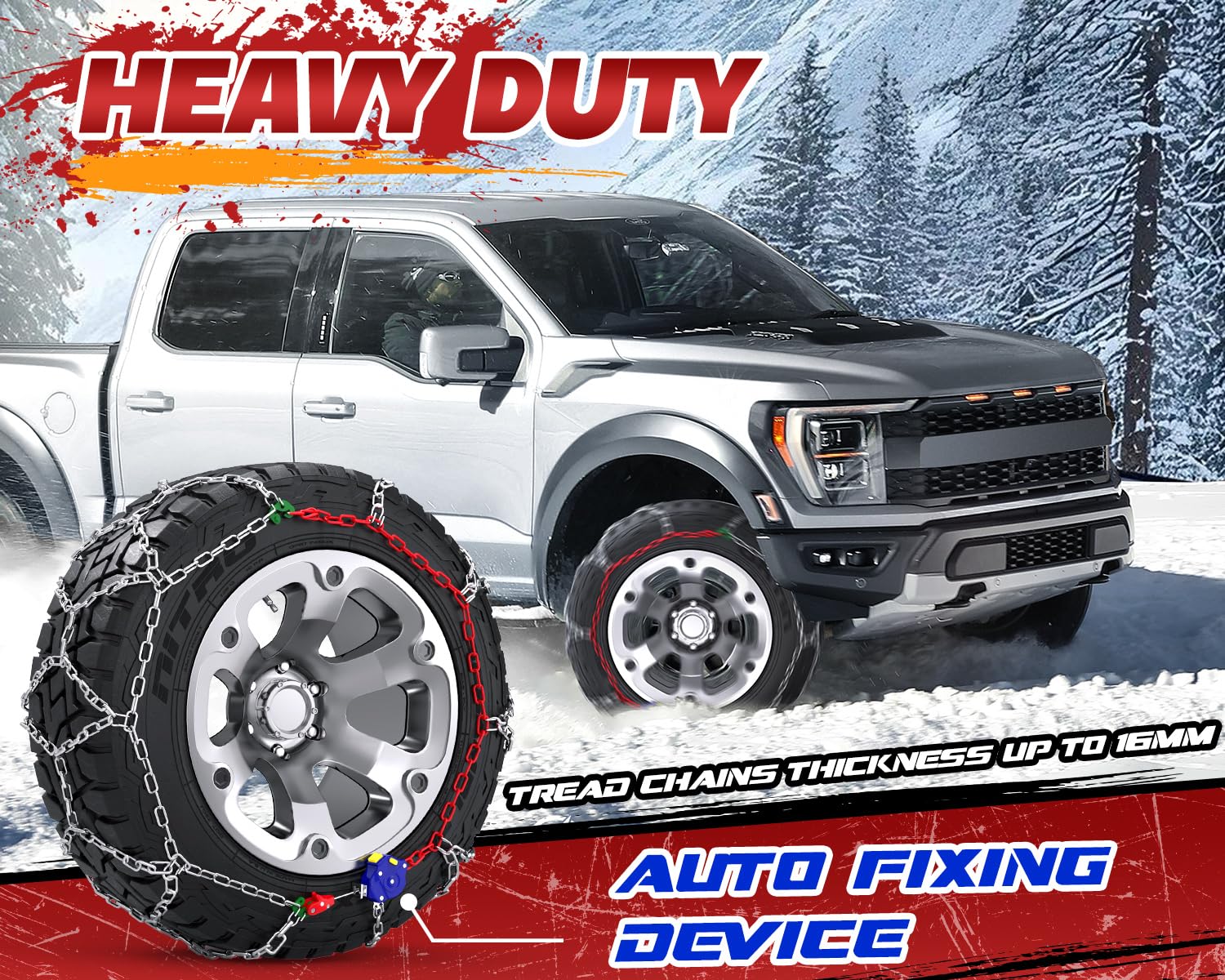 AUVEBY Snow Chains mounted on tire demonstrate quick setup for off-road trips.