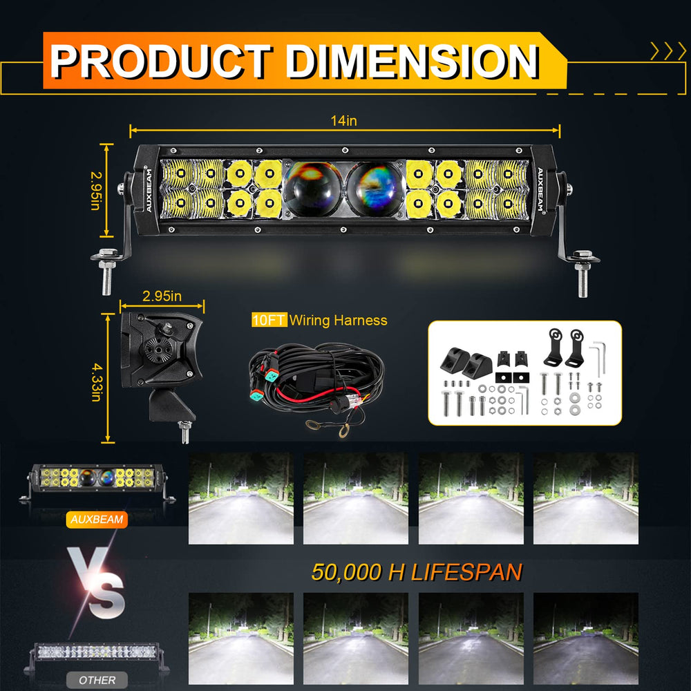 Auxbeam 12-inch light bar with wiring harness kit for plug-and-play installation.